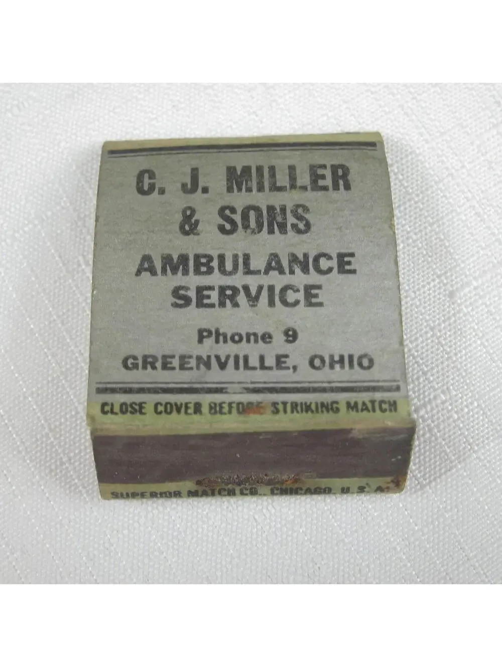 3 Vintage Matchbook Covers Greenville Ohio Jewelers, Services Station, Ambulance